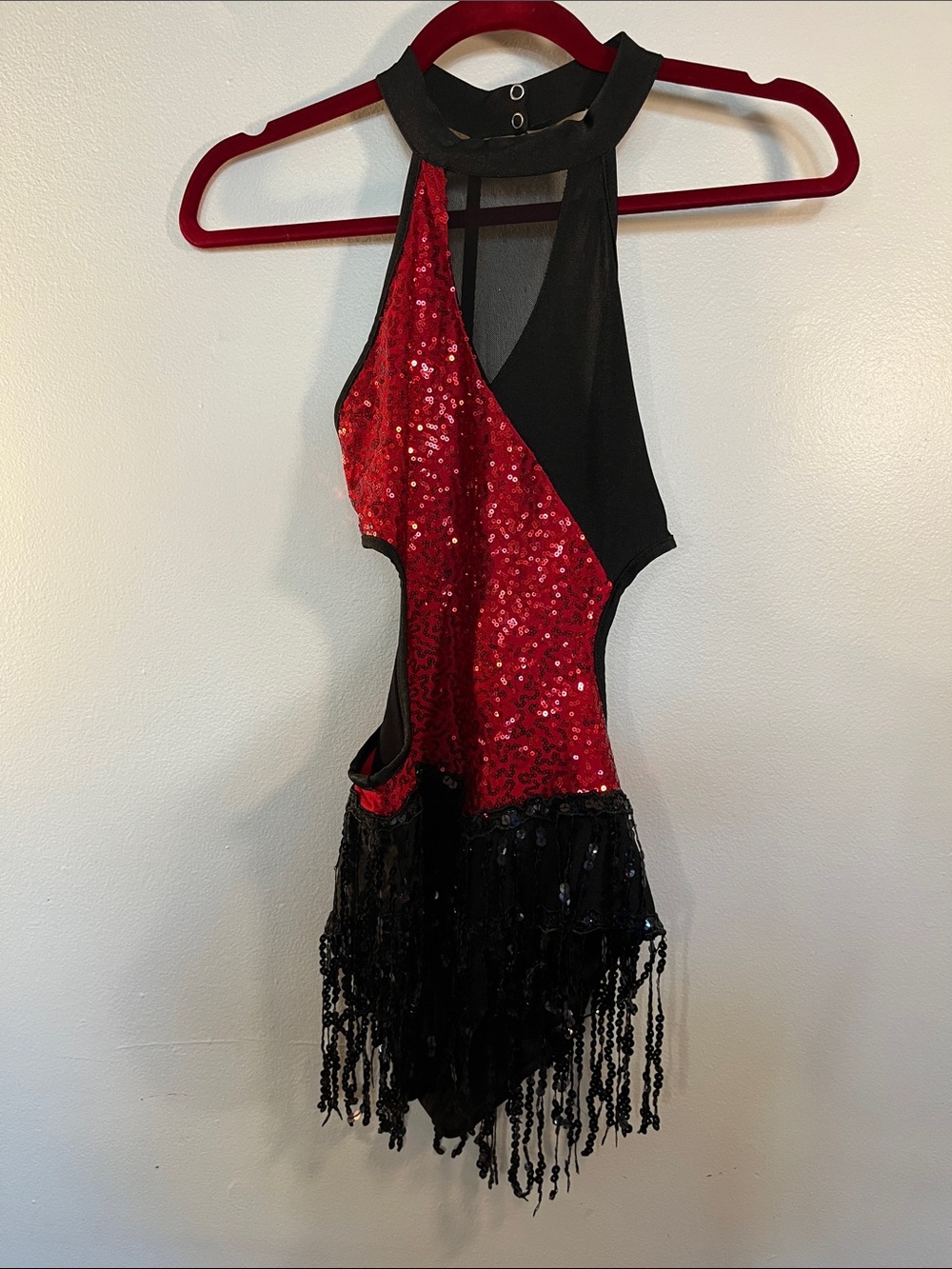 One-Shoulder Red Sequin & Black Fringe Dress